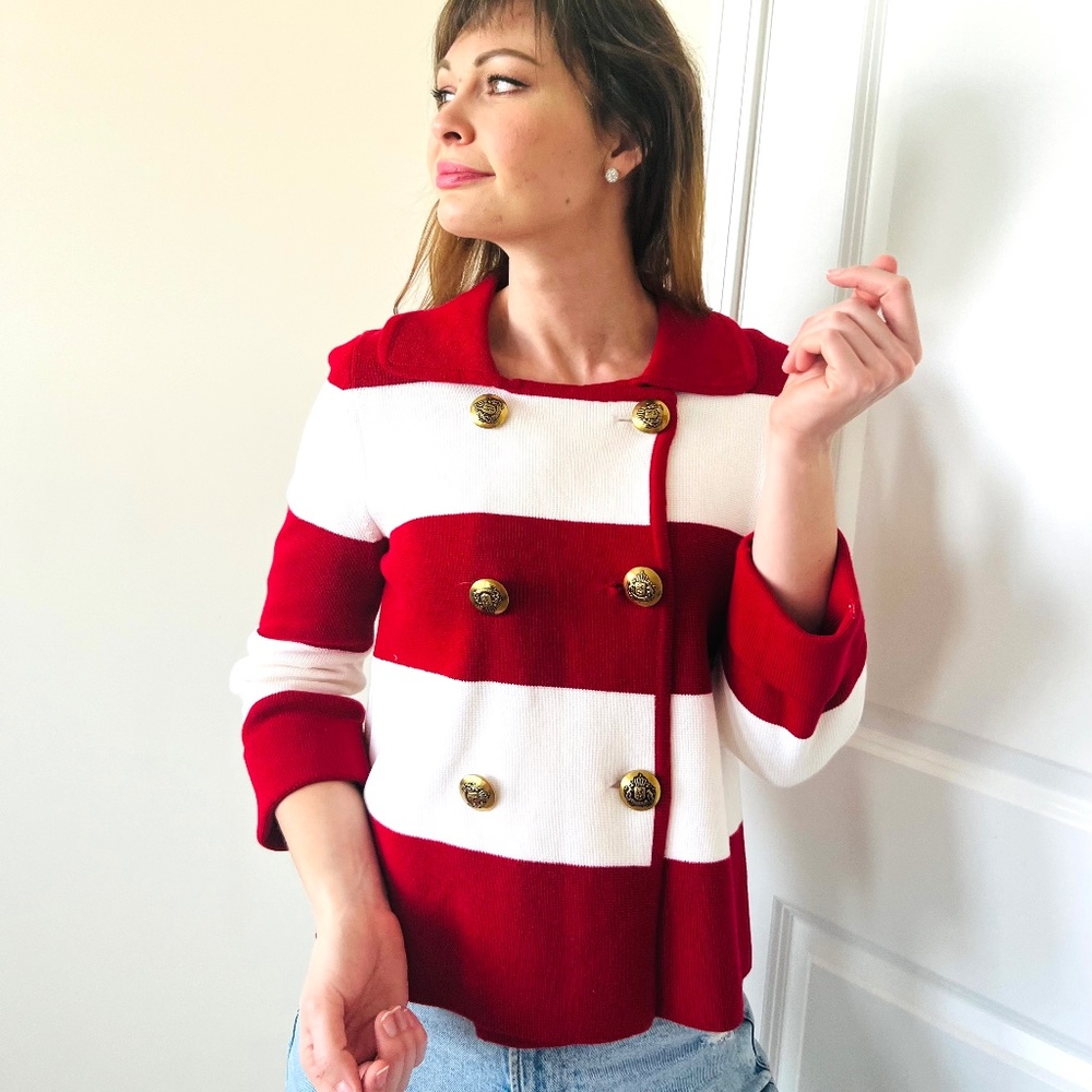 Women Cotton Striped Classic Cardigan With Collar Red White